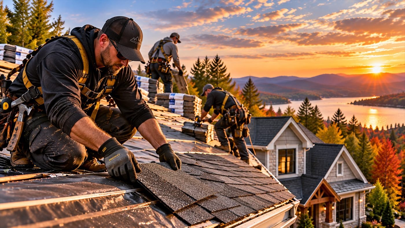 Illustrative photograph of roofing work on a house. The person is not identified as an employee of a real company. Not a Summit Ridge customer project.