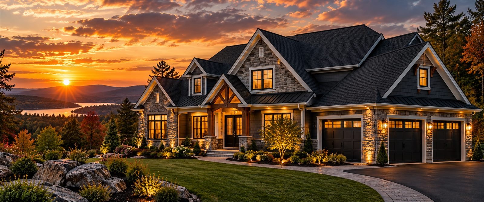 New England house at dusk with a dark roof. Illustrative photograph, not a Summit Ridge customer project.