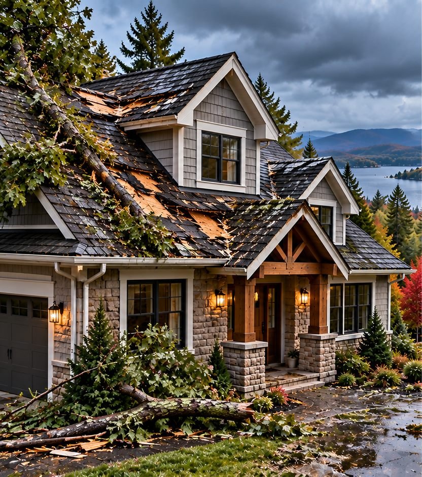 Before view, Storm damage restoration. Illustrative demonstration. Not a verified customer project.